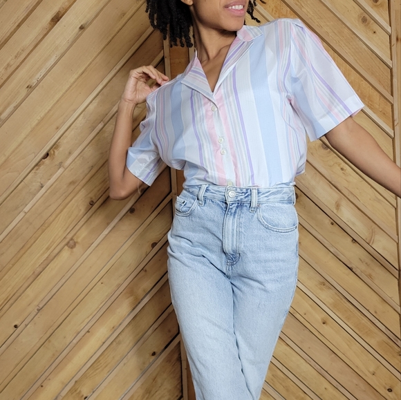 Vintage Pastel Striped Button-up Blouse - Picture 1 of 13
